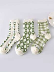 1/5 Pairs Women Ditsy Floral Argyle Pattern Jacquard Heart Textured Mid-Calf Socks, Sweet & Versatile For Daily Wear (Random Style Out Of 5 Pairs)