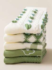 1/5 Pairs Women Ditsy Floral Argyle Pattern Jacquard Heart Textured Mid-Calf Socks, Sweet & Versatile For Daily Wear (Random Style Out Of 5 Pairs)