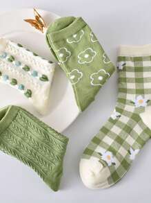 1/5 Pairs Women Ditsy Floral Argyle Pattern Jacquard Heart Textured Mid-Calf Socks, Sweet & Versatile For Daily Wear (Random Style Out Of 5 Pairs)