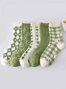 1/5 Pairs Women Ditsy Floral Argyle Pattern Jacquard Heart Textured Mid-Calf Socks, Sweet & Versatile For Daily Wear (Random Style Out Of 5 Pairs)
