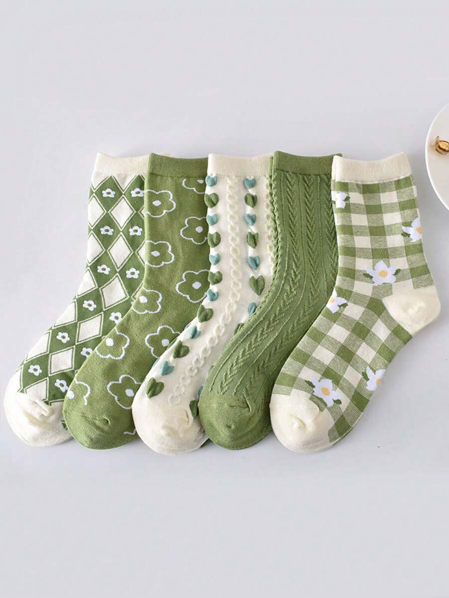 1/5 Pairs Women Ditsy Floral Argyle Pattern Jacquard Heart Textured Mid-Calf Socks, Sweet & Versatile For Daily Wear (Random Style Out Of 5 Pairs)