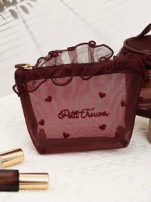1pc Heart Pattern Makeup Bag L/S Size Mesh Fabric Love Embroidered And Lace Trimmed Cosmetic Bag With Ruffle Edge And Handle Makeup Bag Storage Makeup Organizer Makeup Case Frill Pattern Cosmetic Bag Embroidery And Lace Detail, Charming Handheld Cosmetic Pouch For Wedding Gift, Gift, Friend Gift, Bridesmaid Gift, Her, Birthday Gift Makeup Bags Make Up Organizer Makeup Storage