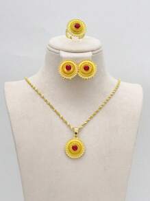 Ensemble de bijoux de 3 pièces - Pendentif, boucles d\"oreilles en cordon noir, accessoire de mariage africain érythréen - Or jaune - Voir 11