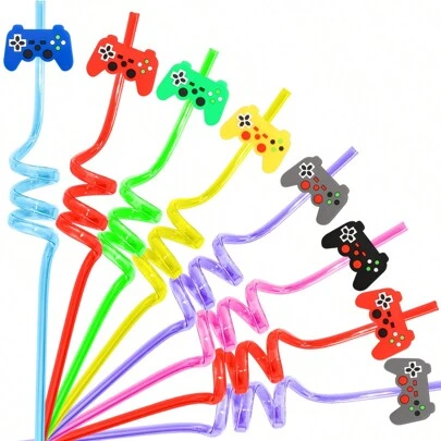 10pcs Reusable Game Theme Party Straws, Random Colors, Great For Birthday Party Favors And Goodie Bag Fillers,Christmas