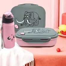 Adorable Square Lunch Box Set 2 Pieces Bento Box With Cup, Flip Top Lid Dividers Reusable Washable Water Cup Included Perfect Portable Meal Solution For Work Or School - Multicolor - View 1