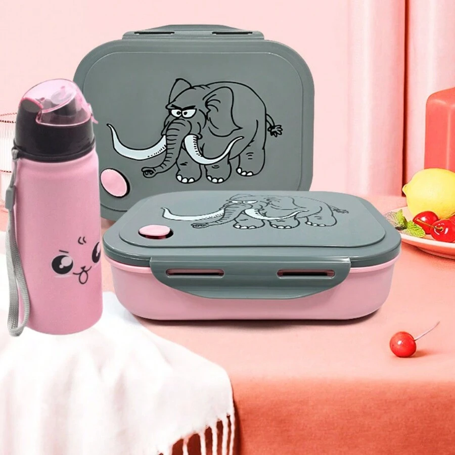 Adorable Square Lunch Box Set 2 Pieces Bento Box With Cup, Flip Top Lid Dividers Reusable Washable Water Cup Included Perfect Portable Meal Solution For Work Or School - Multicolor - View 1