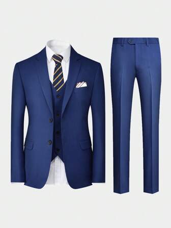 CLOUDSTYLE Men's Spring And Autumn Solid Color Suit With Lapel Long Sleeve Jacket, Vest And Trousers For Business And Daily Wear