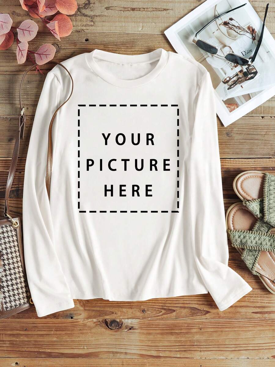 定制照片长袖上衣，感恩节个性化礼物，圣诞节，圣诞节定制礼物，定制女士长袖T恤 - 添加您自己的文字和图片（照片/自拍/合影）来设计您专属的个性化印花T恤，女装，时尚秋季，实用时尚，秋季新款女装，图案印花，休闲春夏白色，适合家庭 - 白色 - 查看 1