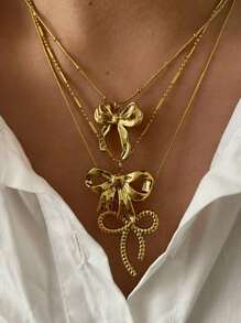 1pc New Striped Bow Pendant 18K Gold Waterproof Simple Versatile Women's Necklace Valentines,Mom,Mother,Mother's Day,Gift - Bow Necklace - View 2