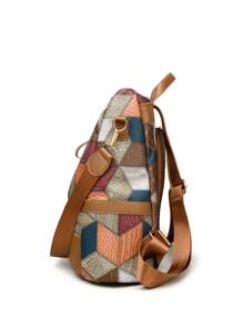 1pc Color-Block Rhombic Check Fabric Decorated Anti-Theft Large Capacity Backpack Suitable For Women's Daily Use, School Backpack - Multicolor - View 6