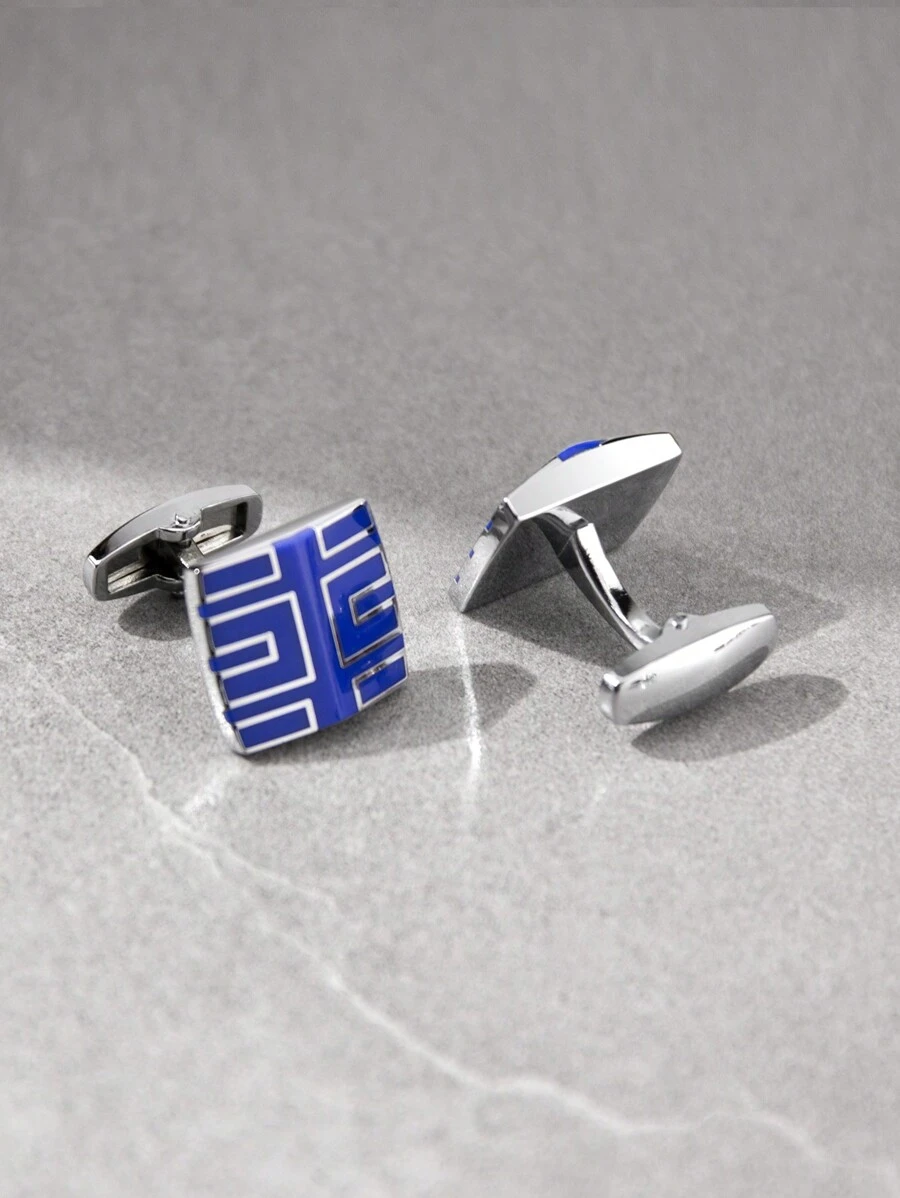 1 Pair Blue Enamel Polished Square Cufflinks, Fashionable Accessory For Men