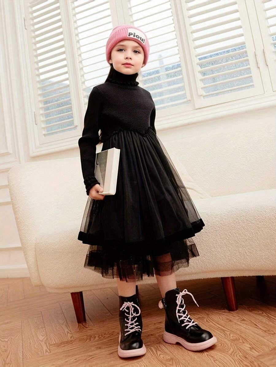 青少年女孩连衣裙秋冬纯色百搭高领长袖蓬松网眼连衣裙黑色 - 黑色 - 查看 1