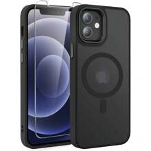 Funda compatible con Apple con protector de pantalla, funda de teléfono magnética y translúcida para mujeres y hombres [compatible con Magsafe], delgada, antihuellas, resistente a golpes y con protector de pantalla - Negro