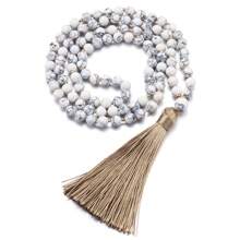 108顆手扣繩串連琥珀念珠項鍊，男女波西米亞風格6MM綠松石項鍊，女性冥想瑜珈祝福飾品