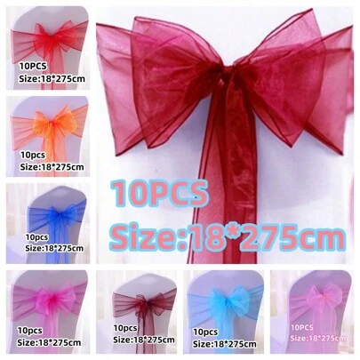 10pcs, Chair Back Decorative Ribbon, Wine Red Organza Table Chair Ornament, Wedding Party Supplies, Halloween Christmas Party Supplies, Bow Chair Back Flower Chair Back Decoration Ribbon, Width 18cm, Length 275cm, Decorative Item Needs DIY To Make Bow Shape, Glass Yarn Chair Back Yarn Holiday Gathering Decoration Item Organza Tent Staircase Yarn Cloth Flower Outdoor Surrounding Tent Wedding Party Graduation Party Supplies Background Formation Opening Ceremony Supplies Interactive Party Atmosphere Supplies Packaging Gift Decoration Ribbon