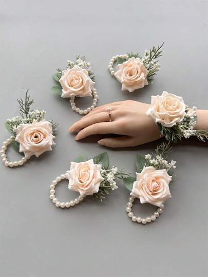 6pcs/Lot Bride Wrist Corsage Women Hand Flower Artificial Rose Wedding Flowers Party Decoration Valentine's Day Accessories