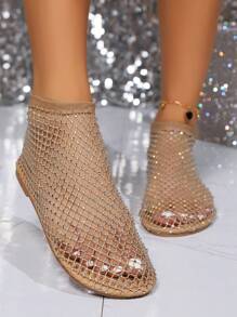 Ladies' Flat Sandals, Music Festival Punk Style, Non-Falling Rhinestone Mesh, Shiny, Stylish And Gorgeous Hollow-Out Design, Breathable, Flat Base, Rhinestone Mesh, Round Toe Women's Shoes - Gold - View 4