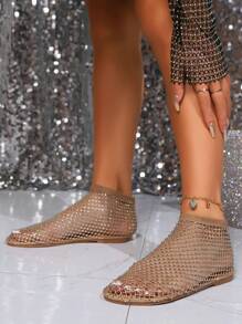 Ladies' Flat Sandals, Music Festival Punk Style, Non-Falling Rhinestone Mesh, Shiny, Stylish And Gorgeous Hollow-Out Design, Breathable, Flat Base, Rhinestone Mesh, Round Toe Women's Shoes - Gold - View 5