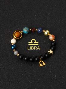 1 pieza Brazalete con universo, galaxia, ocho planetas, 12 constelaciones para mujer, de piedra natural, sistema solar, pulsera con signos del zodiaco Libra, Virgo, Leo, joyería de color dorado de acero inoxidable, colgante de constelación, regalo de joyería para parejas el Día de San Valentín