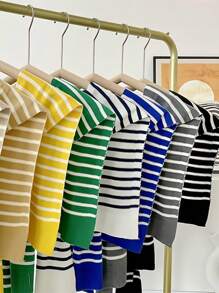 女士条纹针织混纺披肩，1 件装，兼具防晒和装饰功能，适合时尚经典场合，户外防晒、度假旅行必备。 - 彩色 - 查看 4