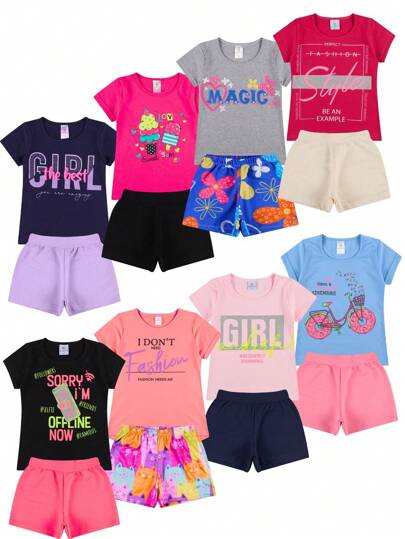 Kit 10 peças roupa infantil menina verão 5 blusas + 5 shorts tamanhos 1 ao 14