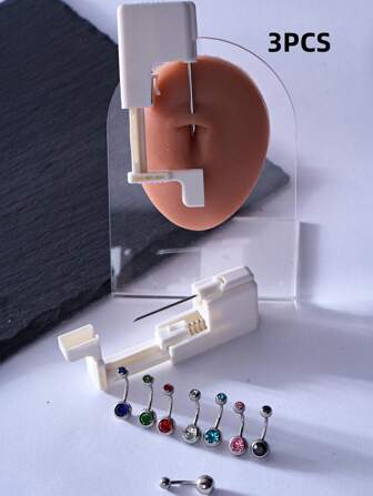 3pcs/Set Disposable Sterilized 13G Belly Button Piercing Gun, Including 1pc 13G Piercing Gun And Various Colors Of Belly Button Studs. Simple Operation, Suitable For Beauty DIY Piercing Tool And Accessories.