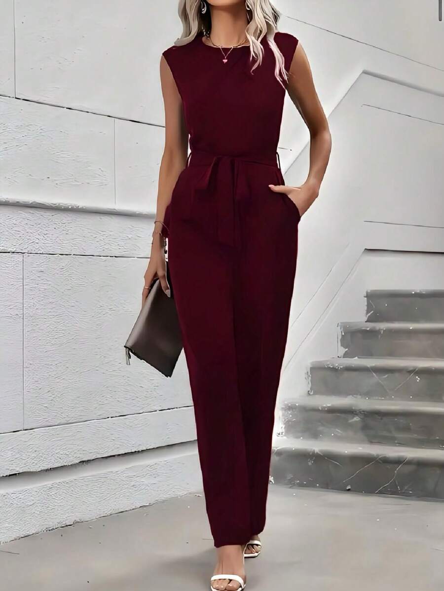 Mono Elegante Para Mujer Con Cintura Alta Y Cinturón Ajustable - Vino - Ver 1