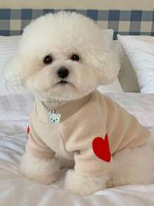 1入米色愛心圖案暖寵物運動衫，適用於貓、小型和中型幼犬日常穿著 - 米色 - 查看 3