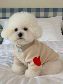 1入米色愛心圖案暖寵物運動衫，適用於貓、小型和中型幼犬日常穿著 - 米色 - 查看 1