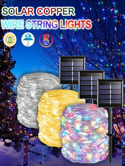 1 Stück 50//100/150/200/300 LEDs Solar Kupferdraht Lichterkette, wasserdichte Feeen Lichterkette für Außen, 8 Beleuchtungsmodi Gartenbeleuchtung für Rasen, Terrasse, Garten, Party, Hochzeit, Weihnachtsdekoration, Herbstdekoration, Hausdekoration, Außendekoration