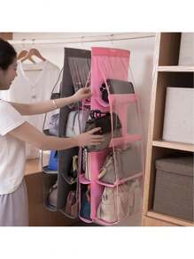 1pc 6/8 Grids Space Saving Bag Organizers, Multi Layer Hanging Handbag Purse Organizer For Wardrobe Closet, Bag Storage Holder - Pink - View 4