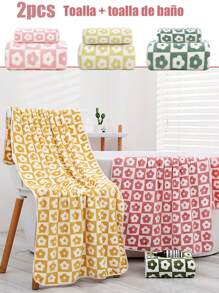 2 toallas de baño + toallas de mano de terciopelo coral suaves, finas, cómodas y de secado rápido, diseño de flores a cuadros, adecuadas para uso doméstico, lavado de cara y ducha 140*70+75*35cm - Amarillo - Ver 1