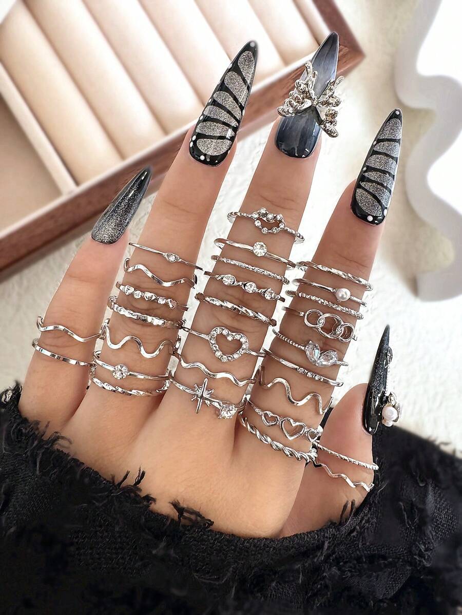 15pcs Asymmetrical Mushroom & Elephant Shaped Gemstone Rings Set - Silver - View 1