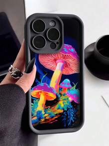 1pc Fashionable Thickened Shockproof Abstract Mushroom Pattern Phone Case, Compatible With Apple&Samsung Galaxy - Black - View 1