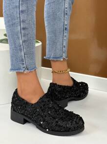 Mocasines de mujer con brillo, tacón grueso, elegantes zapatos de vestir sin cordones con comodidad incomparable - Negro - Ver 8