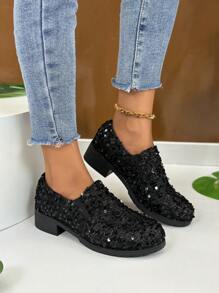 Mocasines de mujer con brillo, tacón grueso, elegantes zapatos de vestir sin cordones con comodidad incomparable - Negro - Ver 3