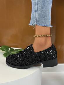 Mocasines de mujer con brillo, tacón grueso, elegantes zapatos de vestir sin cordones con comodidad incomparable - Negro - Ver 9