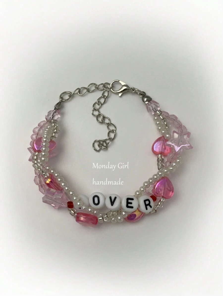 1入組甜美時尚金屬和亞克力多色星星和心形串珠手鍊，可刻字，適合送給女孩的生日或派對禮物 - 彩色 - 查看 1