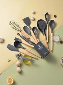 14 Pcs Silicone Cooking Kitchen Utensils Set with Holder, Wooden Handles BPA Free Silicone Turner Tongs Spatula Spoon Kitchen Gadgets Utensil Set for Nonstick Cookware (Dark Grey) - Dark Grey - View 12