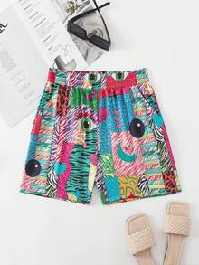 1pc Digital Print Elastic Waist Beach Shorts - Multicolor - View 5