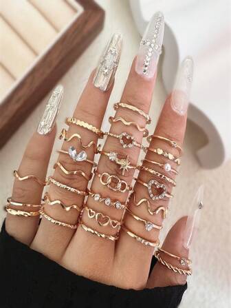 15 pièces/set Bagues en pierre de gemme avec motifs asymétriques de champignon et d'éléphant