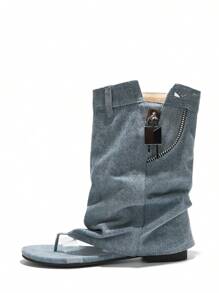 Women's  Slouchy Sandals With Zipper Detail - Single Round Toe Slip On Flat For Casual Stroll - Màu xanh lam - Xem 6