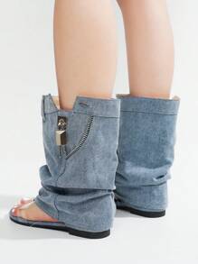Women's  Slouchy Sandals With Zipper Detail - Single Round Toe Slip On Flat For Casual Stroll - Màu xanh lam - Xem 5