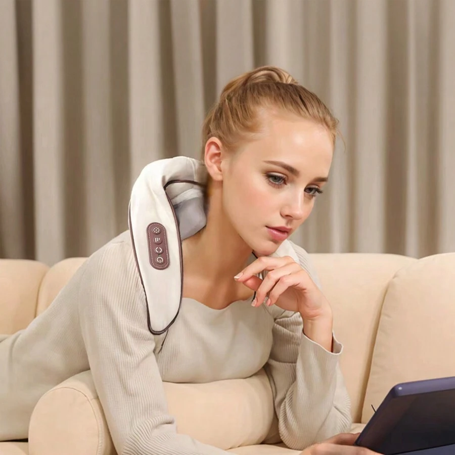 Electric Neck Massager With Heat - Neck And Shoulder Massagers For Pain Relief Deep Tissue 5D Simulate Human Hand Grasping And Kneading Neck Headrest - Beige - View 1