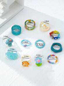12pcs/Set Summer Party Style Resin Rings For Women, Colorful Braided Beads, Soft Ceramic Flowers - Blue - View 5
