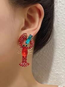 1對高端鑲鑽龍蝦和魚形耳環，鋅合金電鍍處理，女性休閒穿著的誇張耳釘 - 紅色 - 查看 2