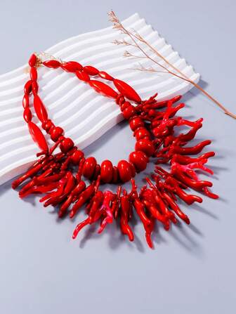 1入組時尚誇張的雙層樹脂珊瑚項鍊，女性專用