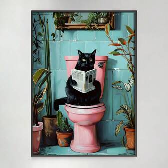 1pc Cat Newspaper Toliet Funny Art Poster Canvas Print Bathroom Decoration Painting Wall Picture For Home Decor