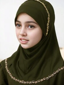 1pc Solid Color Gold Thread Lace Wrap Around Chin Convenient Hijab Cap, Breathable & Versatile Elastic Scarf In Mixed Colors, Hand-Made Chain Patterned Headscarf Cap For Girl, Instant Hijab, Malaysia/Indonesia Style