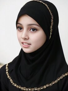 1pc Solid Color Gold Thread Lace Wrap Around Chin Convenient Hijab Cap, Breathable & Versatile Elastic Scarf In Mixed Colors, Hand-Made Chain Patterned Headscarf Cap For Girl, Instant Hijab, Malaysia/Indonesia Style